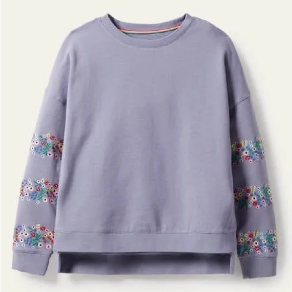 Boden Jasmine Boho Floral Embroidered Pullover Sweatshirt Shacket Top in River - Picture 1 of 11